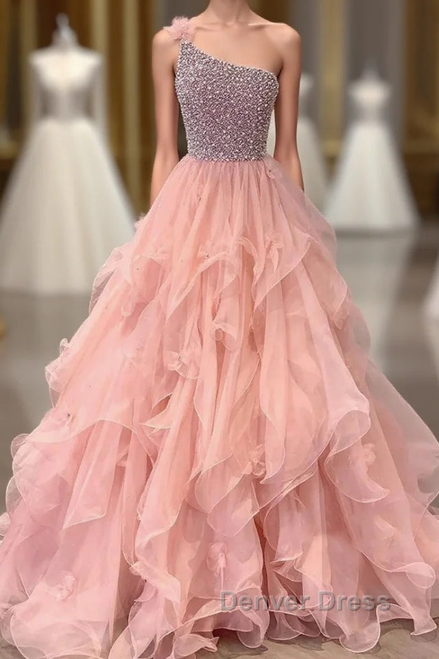 Pink Prom Dresses A Line One Shoulder Long Party Evening Dresses with Beading Ruffles Main image