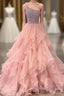 Pink Prom Dresses A Line One Shoulder Long Party Evening Dresses with Beading Ruffles