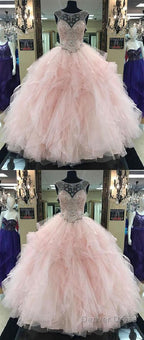 Pink Prom Dress Pink Beading Long Prom Dress Ball Gown Cap Sleeve Wedding Dress Prom Dresses