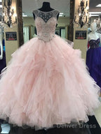 Pink Prom Dress Pink Beading Long Prom Dress Ball Gowns Cap Sleeve Wedding Dress Evening Dress