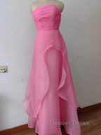 Pink Prom Dress Tulle Prom Gowns Strapless Ruffles A Line Simple Prom Dresses For Teens
