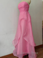 Pink Prom Dress Tulle Prom Gowns Strapless Ruffles A Line Simple Prom Dresses For Teens