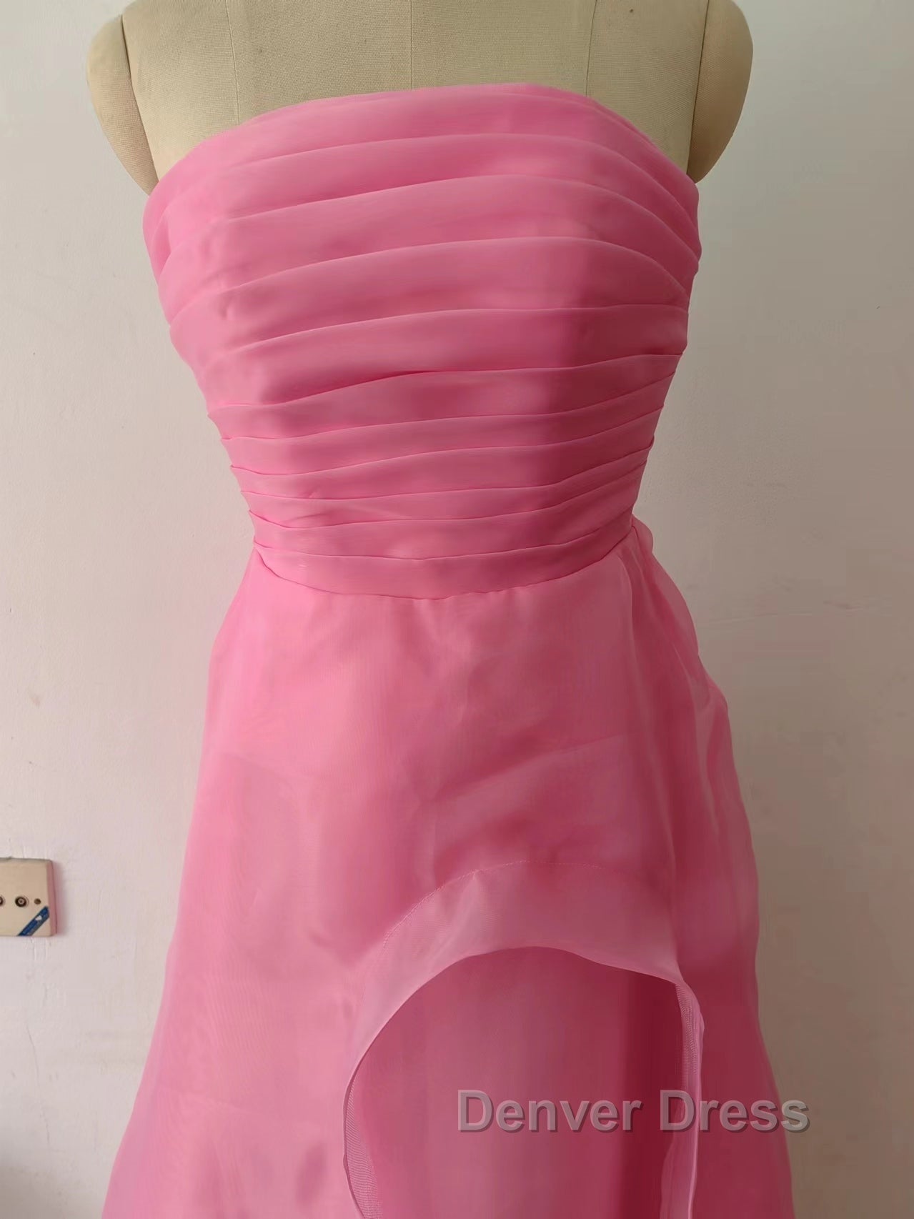 Pink Prom Dress Tulle Prom Gowns Strapless Ruffles A Line Simple Prom Dresses For Teens