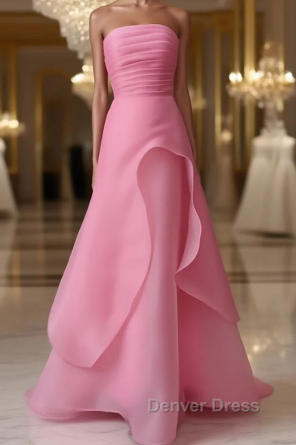 Pink Prom Dress Tulle Prom Gowns Strapless Ruffles A Line Simple Prom Dresses For Teens