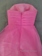 Pink Prom Dress Tulle Prom Gowns Strapless Ruffles A Line Simple Prom Dresses For Teens