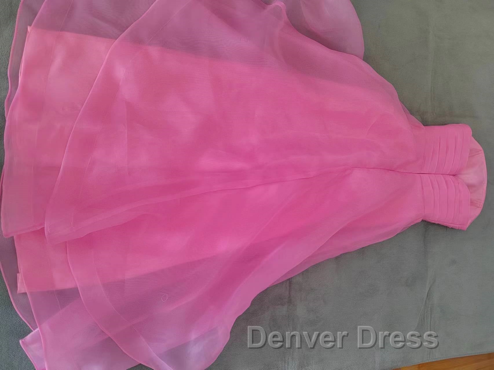 Pink Prom Dress Tulle Prom Gowns Strapless Ruffles A Line Simple Prom Dresses For Teens