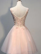 Pink Prom Dress Short With Lace Appliques A Line Tulle Prom Wear