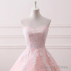 Pink Puffy Ball Gowns Princess Sweetheart Tulle Prom Dresses With White Lace, Pink Sweet 16 Gowns