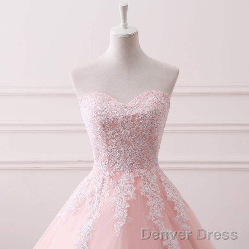 Pink Puffy Ball Gowns Princess Sweetheart Tulle Prom Dresses With White Lace, Pink Sweet 16 Gowns