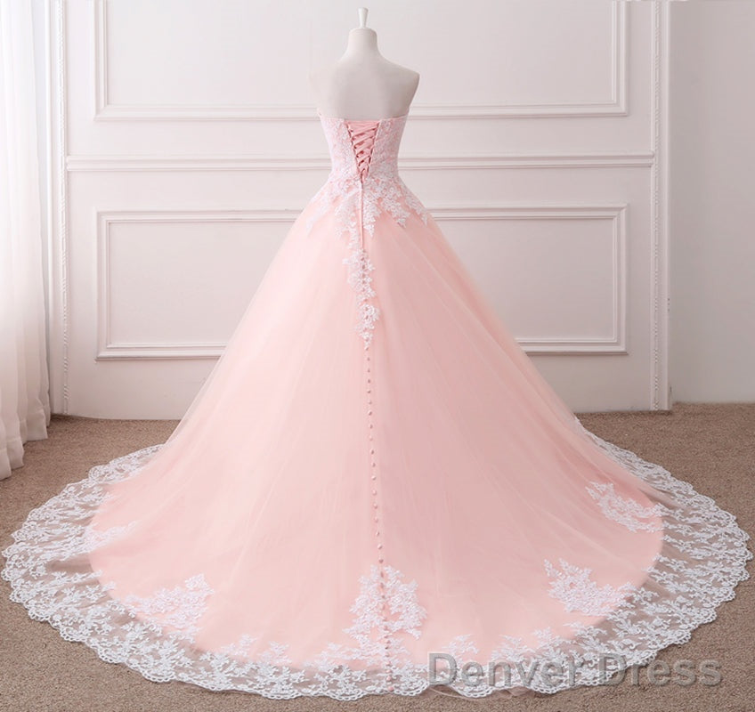 Pink Puffy Ball Gowns Princess Sweetheart Tulle Prom Dresses With White Lace, Pink Sweet 16 Gowns