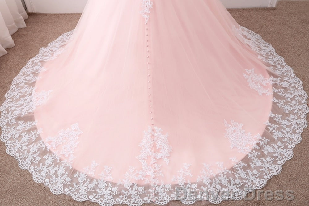 Pink Puffy Ball Gowns Princess Sweetheart Tulle Prom Dresses With White Lace, Pink Sweet 16 Gowns