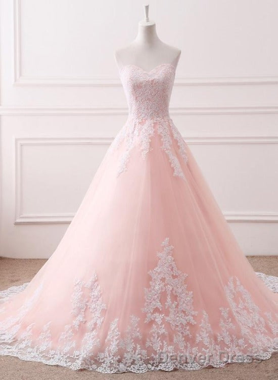 Pink Puffy Ball Gowns Princess Sweetheart Tulle Prom Dresses With White Lace, Pink Sweet 16 Gowns
