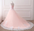 Pink Puffy Ball Gowns Princess Sweetheart Tulle Prom Dress With White Lace Prom Dresses