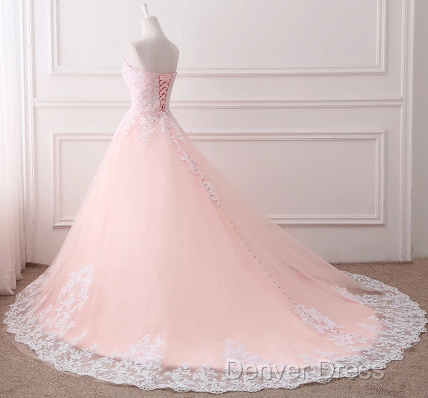 Pink Puffy Ball Gowns Princess Sweetheart Tulle Prom Dress With White Lace Prom Dresses
