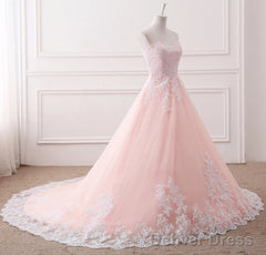 Pink Puffy Ball Gown Princess Sweetheart Tulle Formal Dress With White Lace Prom Dress