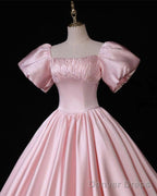 Pink Puffy Sleeve Ball Gowns Satin Dresses