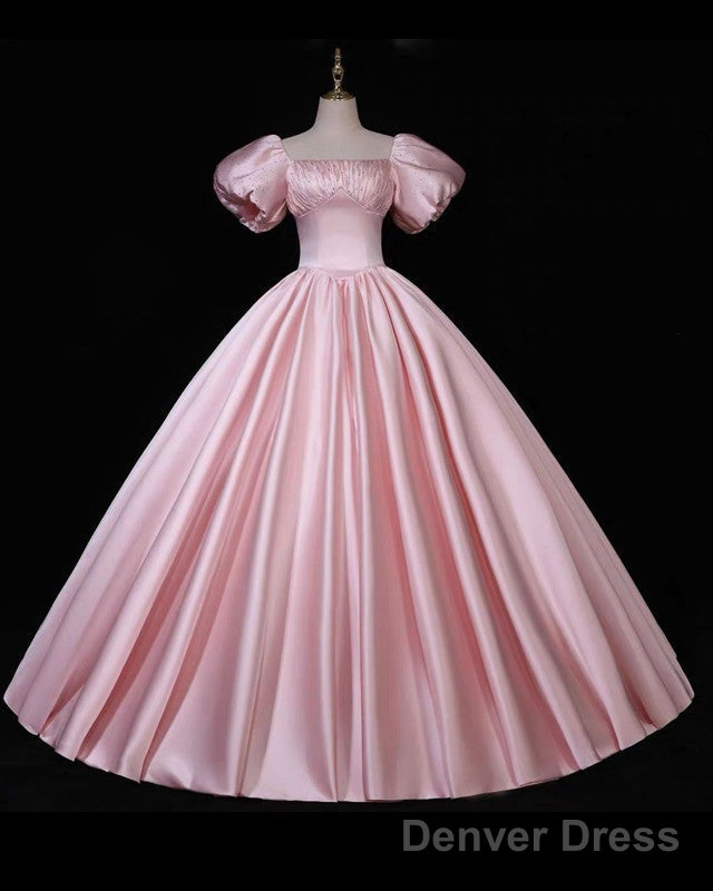Pink Puffy Sleeve Ball Gowns Satin Dresses