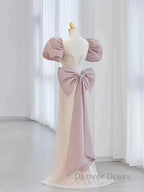 Pink Puffy Sleeves Trumpet Mermaid Sequin Prom Dresses