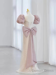 Pink Puffy Sleeves Trumpet Mermaid Sequin Prom Dress