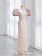 Pink Puffy Sleeves Trumpet Mermaid Sequin Prom Dresses