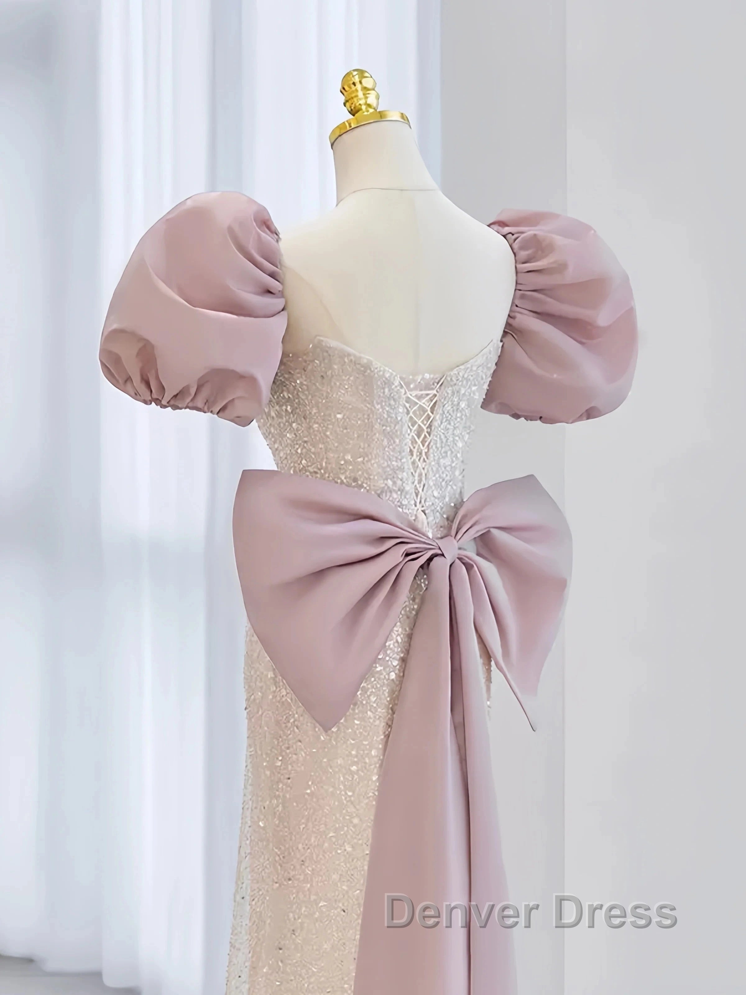 Pink Puffy Sleeves Trumpet Mermaid Sequin Prom Dresses