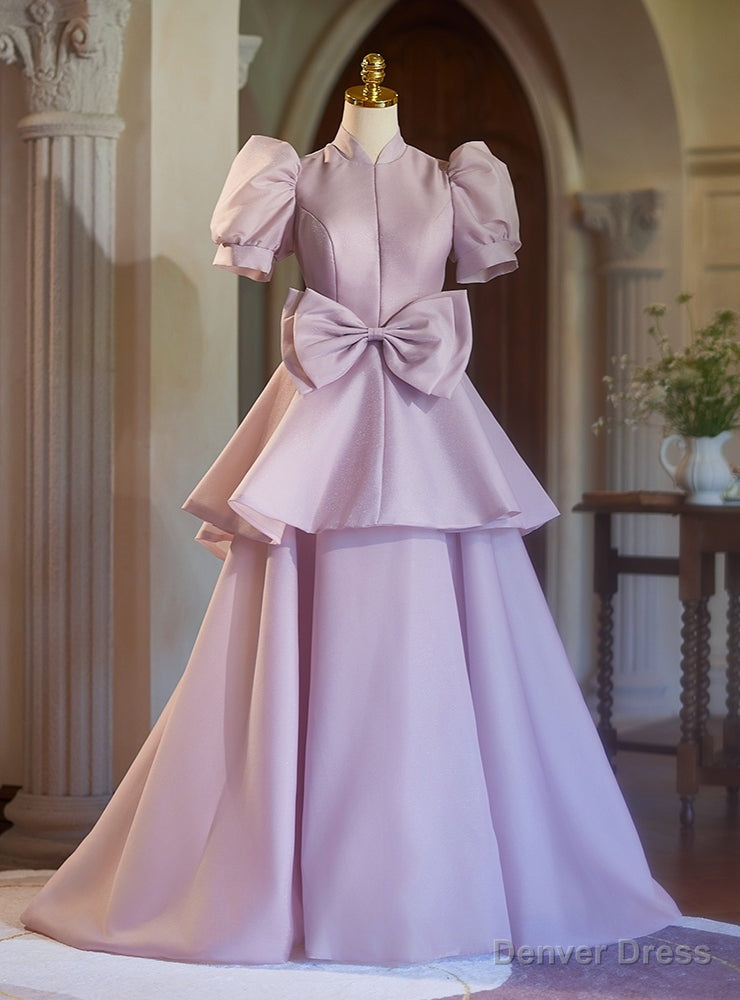 Pink Purple Satin High Neck Puff Sleeve Bow Prom Dresses Main image