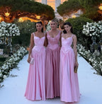 Pink Retro Elegant A-Line Spaghetti Strap Satin Long Prom Dress Birthday Prom Dress Bridesmaid Dresses