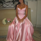 Pink Retro Elegant Sweetheart Neckline A-Line Spaghetti Strap Satin Long Prom Dress Birthday Prom Dress Bridesmaid Dresses