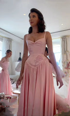 Pink Retro Elegant Sweetheart Neckline A-Line Spaghetti Strap Satin Long Prom Dress Birthday Prom Dress Bridesmaid Dresses