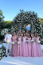 Pink Retro Elegant Sweetheart Neckline A-Line Spaghetti Strap Satin Long Prom Dress Birthday Prom Dress Bridesmaid Dresses