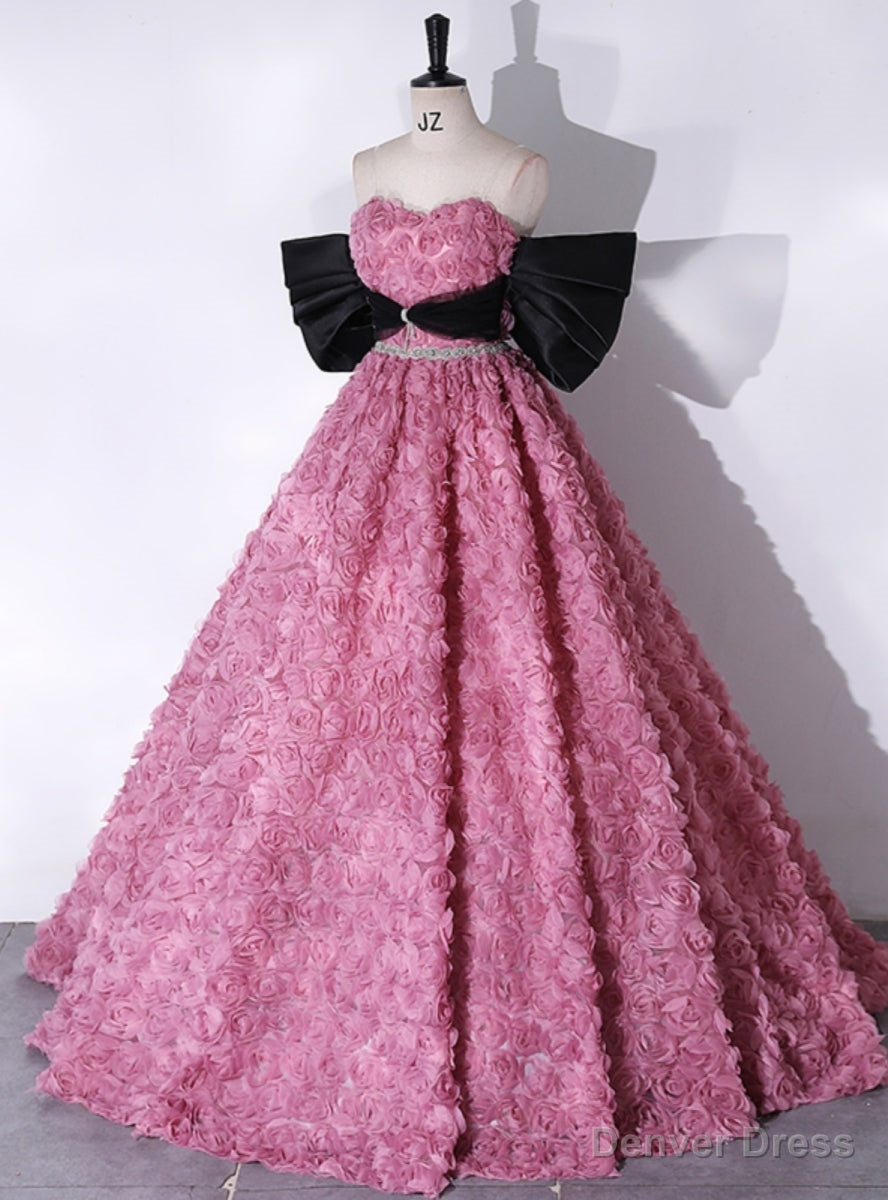Pink Rose Flower Strapless Prom Dresses Main image