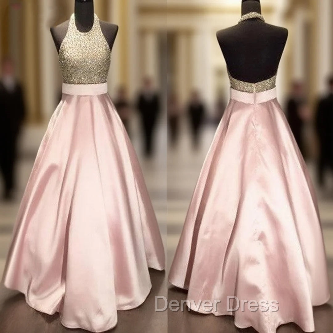 Pink Round Neck Sequin Long Prom Gowns, Pink Prom Dresses For Teens Main image