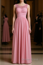 Pink round neck tulle lace long prom Dress, pink lace bridesmaid Dresses