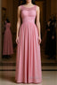 Pink round neck tulle lace long prom Dress, pink lace bridesmaid Dresses