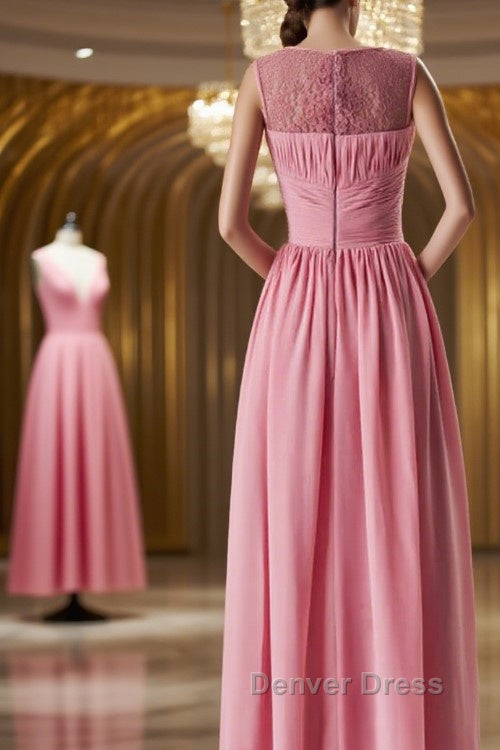 Pink round neck tulle lace long prom Dress, pink lace bridesmaid Dresses Secondary image