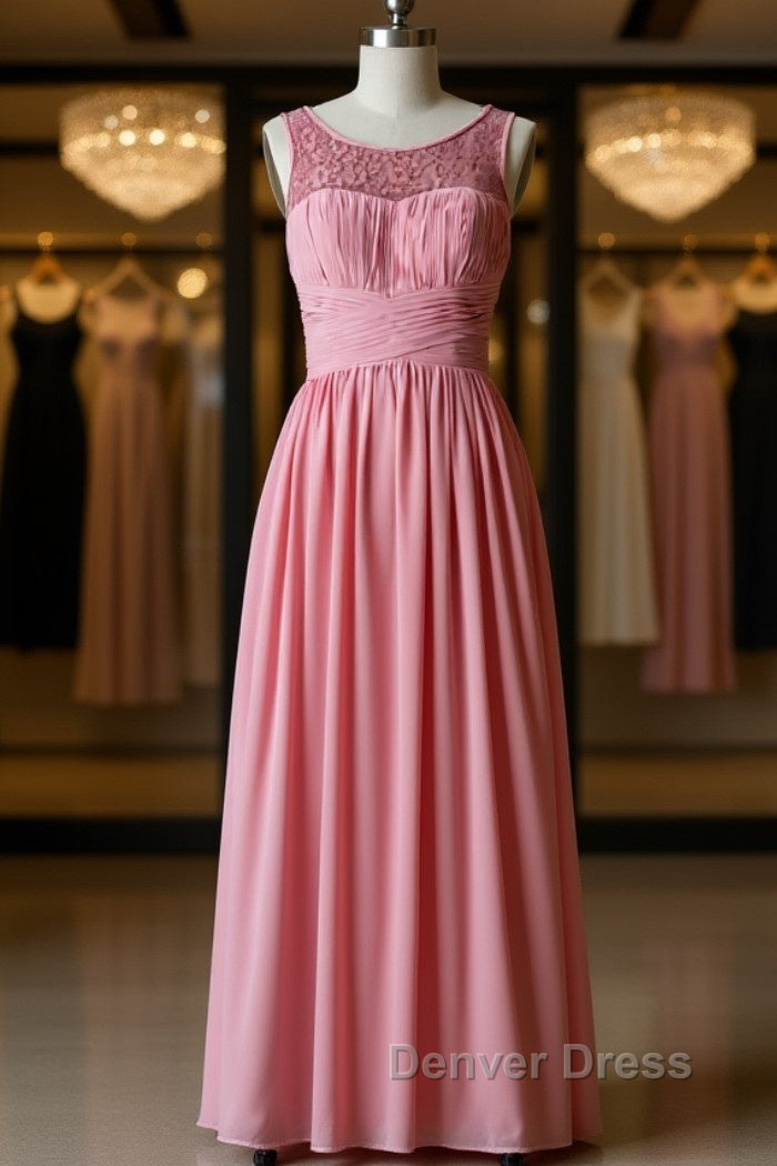 Pink round neck tulle lace long prom Dress, pink lace bridesmaid Dresses