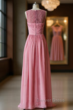 Pink round neck tulle lace long prom Dress, pink lace bridesmaid Dresses