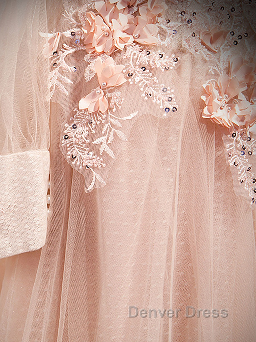 Pink round neck tulle lace long prom Dress, pink lace bridesmaid Dresses