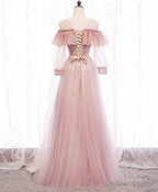 Pink Round Neck Tulle Lace Long Prom Dress Pink Lace Prom Dresses