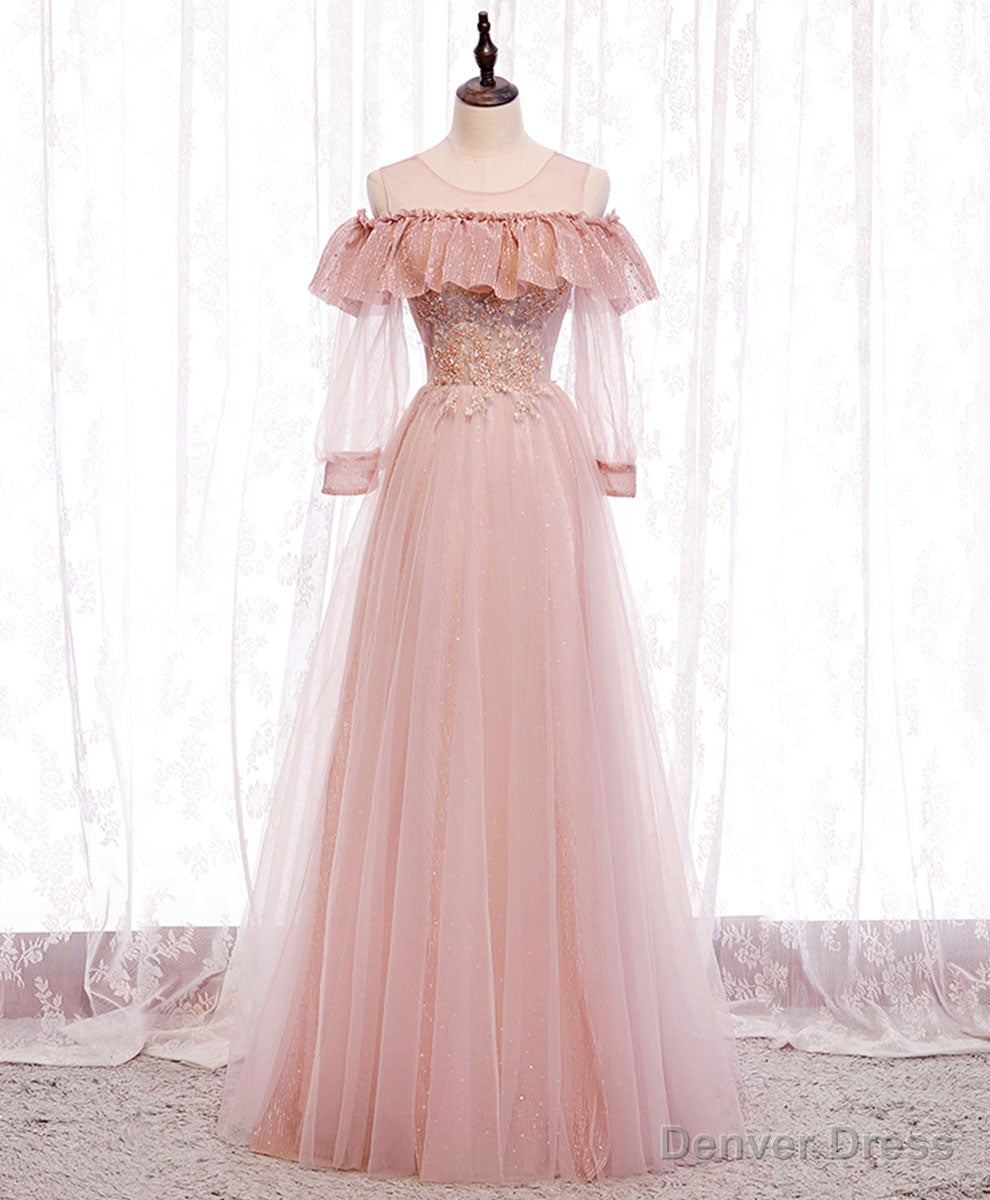 Pink Round Neck Tulle Lace Long Prom Dress Pink Lace Prom Dresses Main image