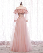 Pink Round Neck Tulle Lace Long Prom Dress Pink Lace Prom Dresses