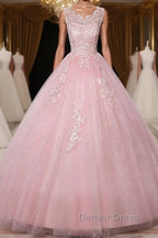 Pink round neck tulle lace long prom Dress pink tulle Prom Dresses