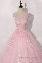 Pink round neck tulle lace long prom Dress pink tulle Prom Dresses