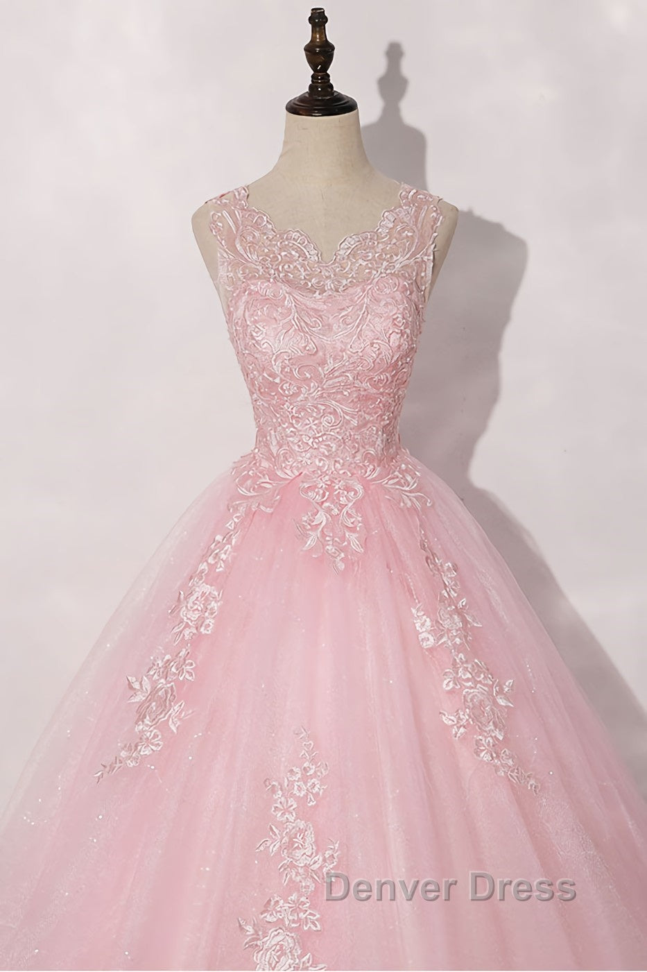 Pink round neck tulle lace long prom Dress pink tulle Prom Dresses