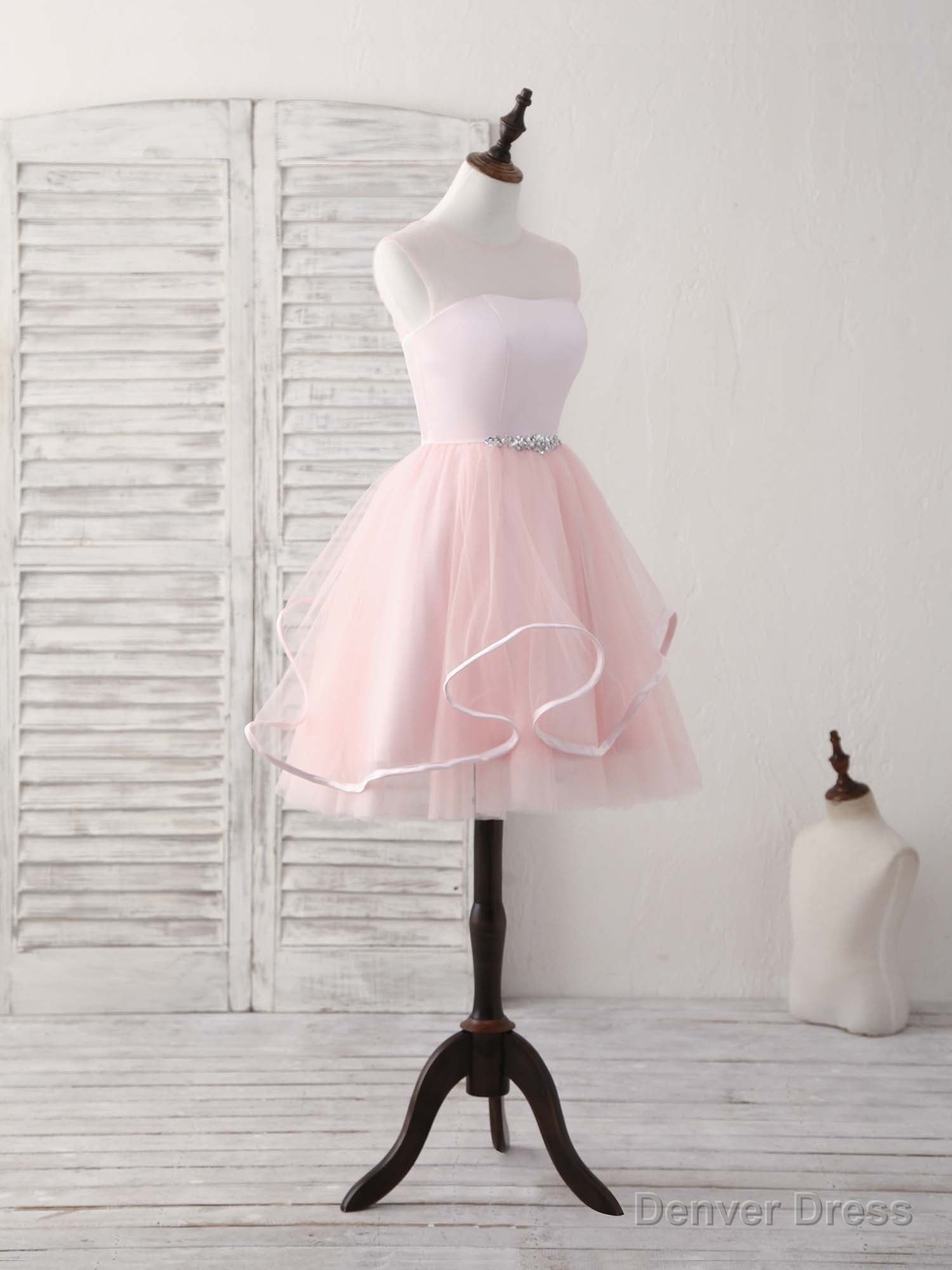 Pink Round Neck Tulle Pink Short Prom Dress Pink Homecoming Dresses