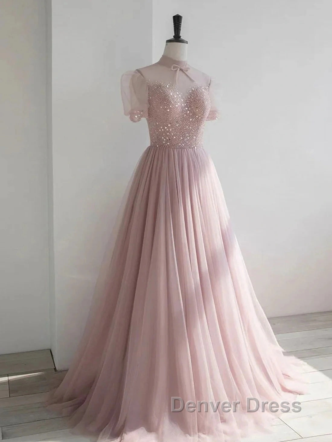 Pink Round Neck Tulle Sequin Long Prom Dresses Formal Dresses Short Sleeves December Wedding Guest Dresses