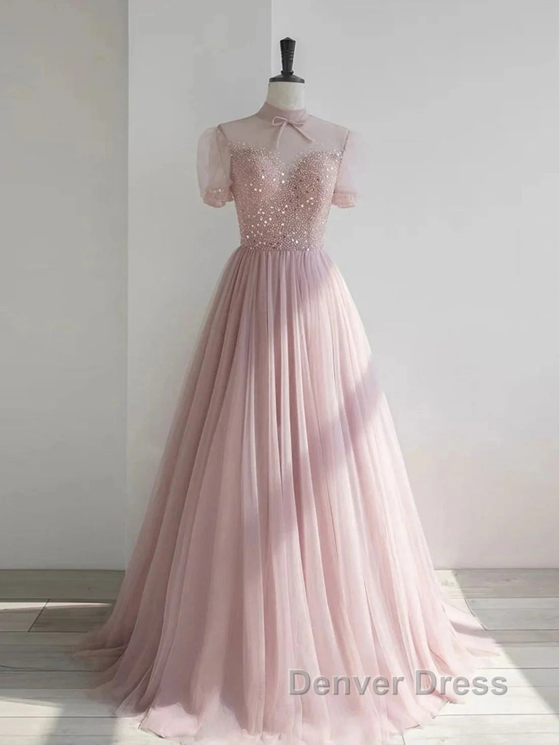 Pink Round Neck Tulle Sequin Long Prom Dresses Formal Dresses Short Sleeves December Wedding Guest Dresses