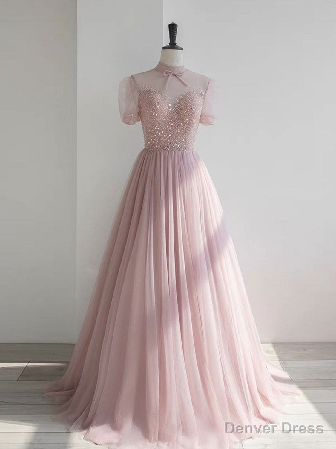 Pink round neck tulle sequin long prom Dress, pink tulle Prom Dresses