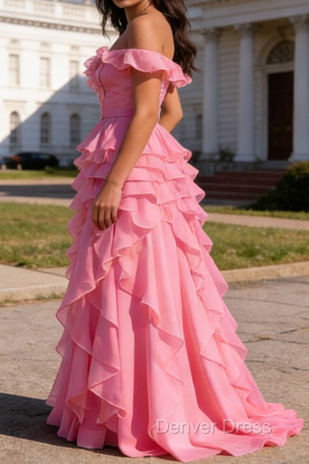 Pink Ruffled A-Line Square Neck Long Prom Dresses Secondary image