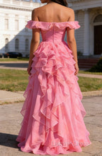 Pink Ruffled A-Line Square Neck Long Prom Dresses